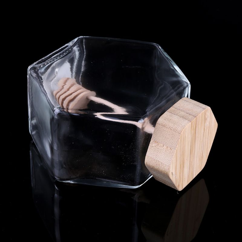 Pot de miel en forme d'hexagone, Pot de miel en verre, avec Dipper en bois et couvercle en liège, pour la cuisine à la maison, transparent