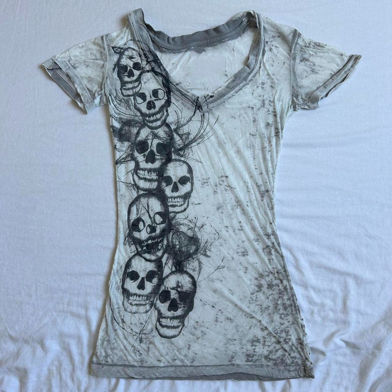 Camisetas cortas con cuello en V y teñido anudado gráfico Y2K E-girl, camiseta gótica Grunge con estampado de calavera, camisetas ajustadas de manga corta Retro Emo de los años 2000