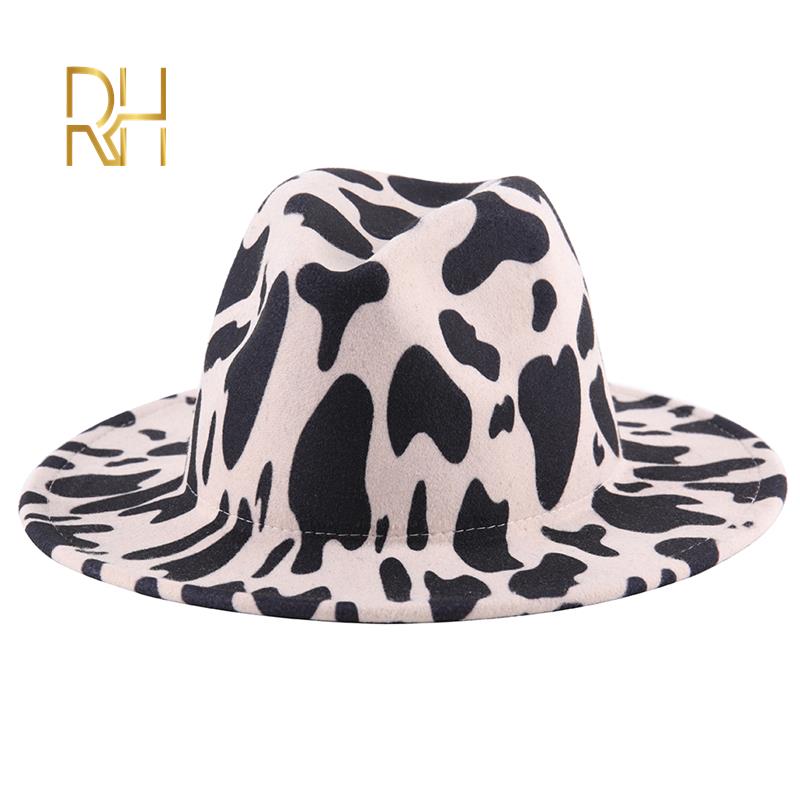 Men Women Wide Brim Wool Felt Cow Print Fedora Hats Vintage Panama Trilby Cap Jazz Hat RH