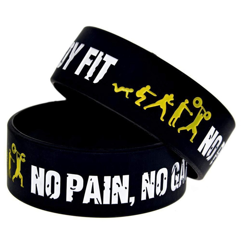 1PC Everybody Fit No Pain No Gain Silicone Wristband Wide Band Motto Rubber Bracelets & Bangles Armband