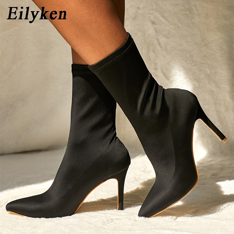 Eilyken kvinnor stövlar stretch tyg mid-calf boots spetsig tå kvinnor booties kvinnor skor vår höst