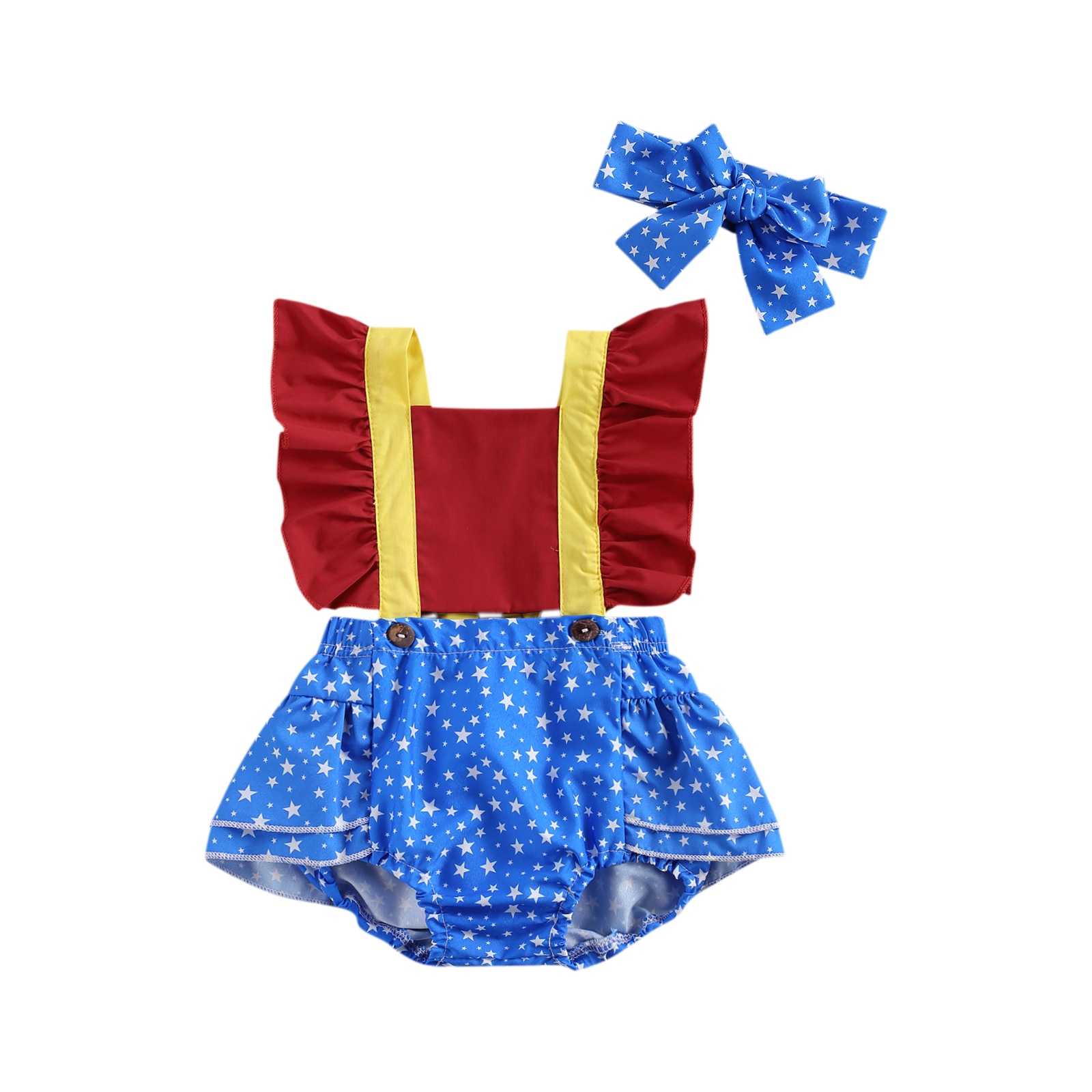 Focusnorma 0-24M estate bambino ragazze ragazzi corpo fascia stella Stampa patchwork balze tute patchwork manica corta