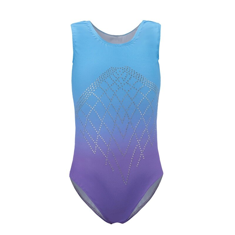 Ballet Sleeveless Diamond Highlights Blue Purple Gradient Color Body Suit Ballet Gymnastics Dance Practice Clothes: Blue / L
