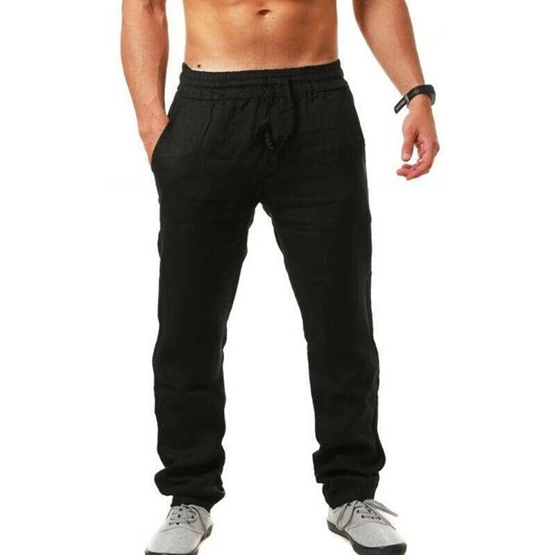 Heren losse sportbroek effen kleur fitness linnen comfortabel wild ademend hiphop heren joggingbroek: Zwart / M