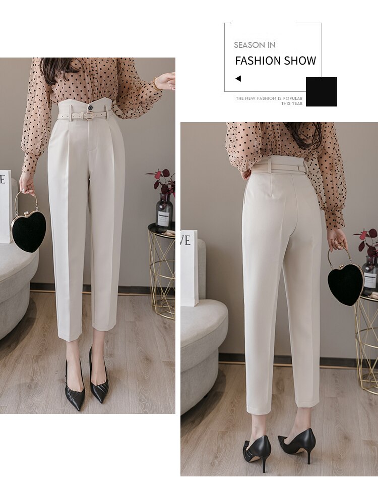 Spring Korean Style Women Formal Harem Pants with Belt High Waist Office Lady Ankle-Length Chic Pants Female