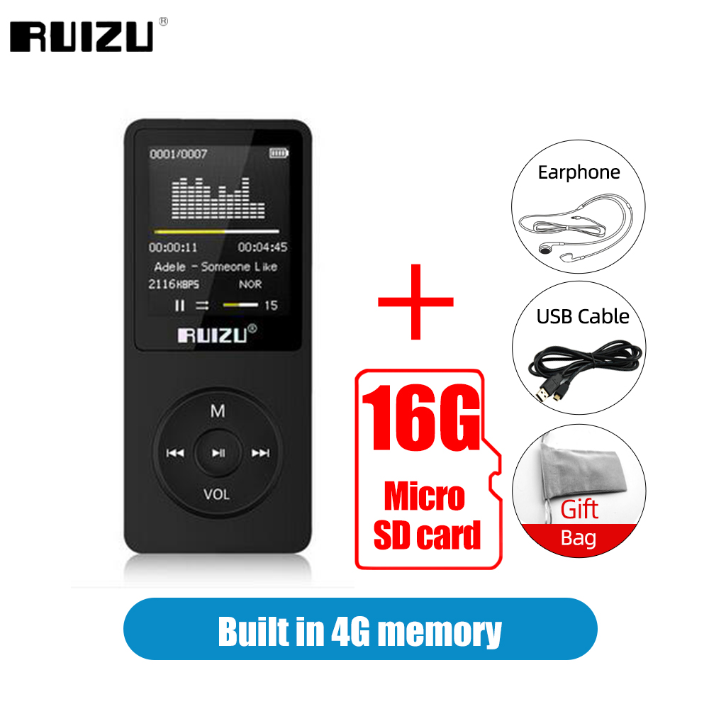 RUIZU X02 lettore MP3 ultrasottile con schermo Mini lettore musicale 4G supporto Radio FM registratore vocale E-book lettore Audio Video Walkman: Black 16G TF Card