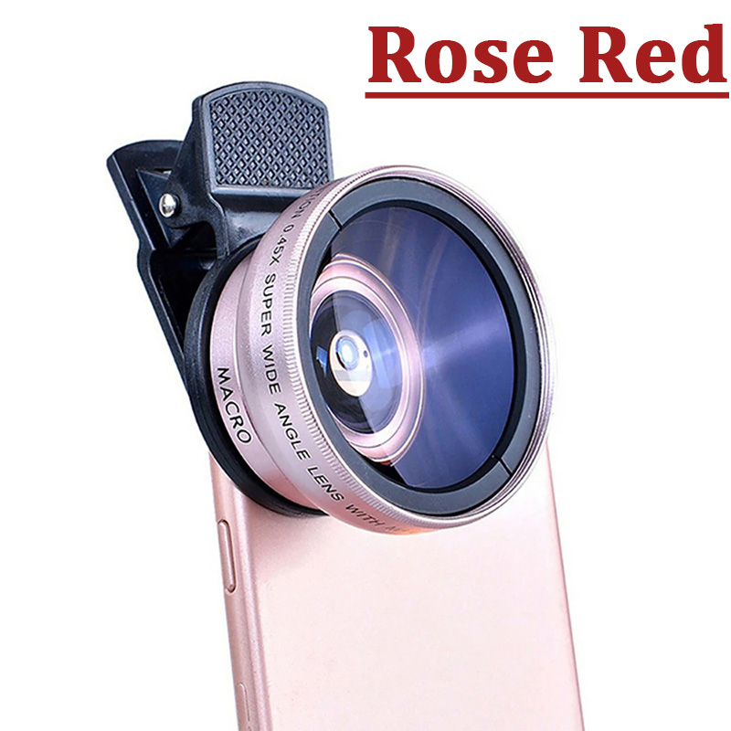 Lente 2 en 1 Clip Universal 37mm lente de teléfono móvil 0.45X 49uv súper gran angular + lente Macro HD para iPhone Android: Rosa