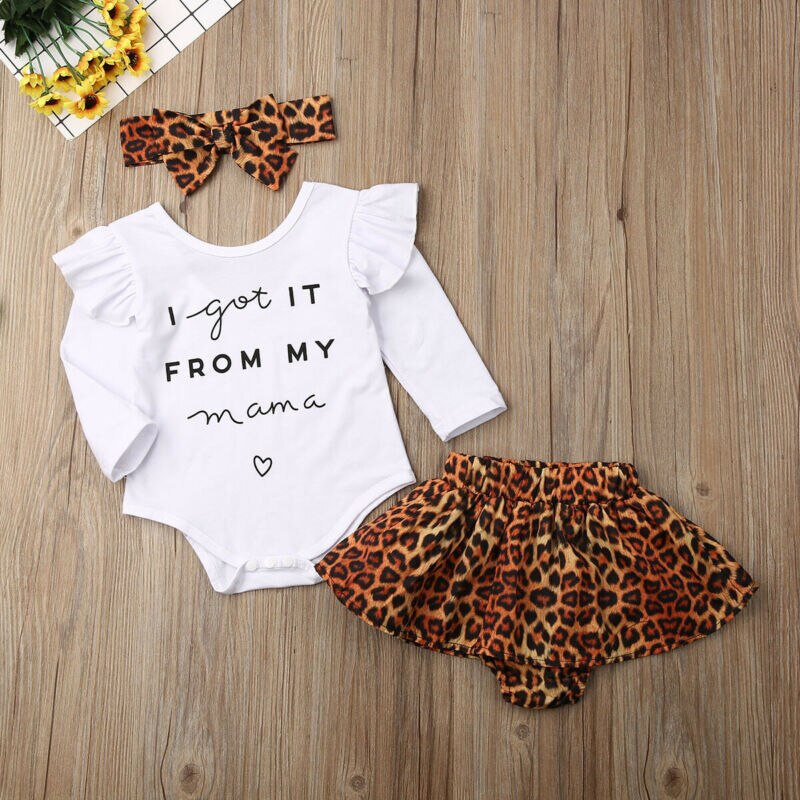 Toddler baby pige tøj langærmet brev print romper toppe + leopard nederdel + pandebånd efterår 3 stykke sæt outfits