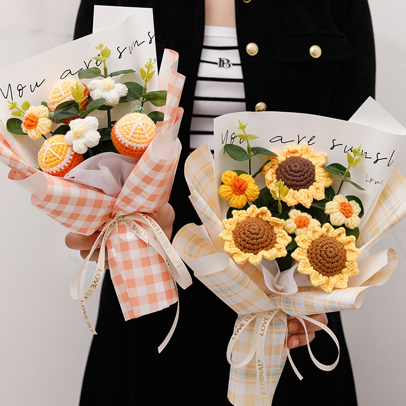 Ramo de ganchillo, ramo de flores para graduación, flor Artificial tejida, de boda, girasol acabado, graduación, de regreso a la escuela