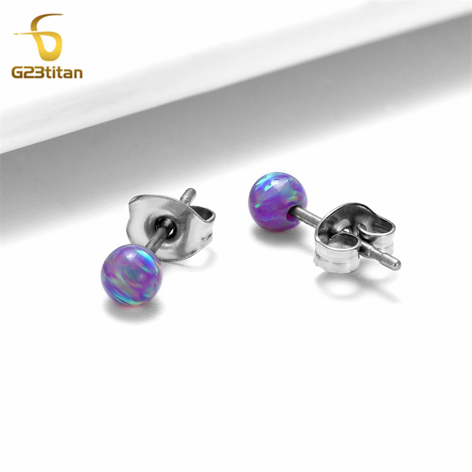 1 par de pendientes de ópalo de fuego, joyería hipoalergénica de titanio para Piercing en la oreja, pendientes simples de piedra de bola pequeña, accesorios para hombres y mujeres