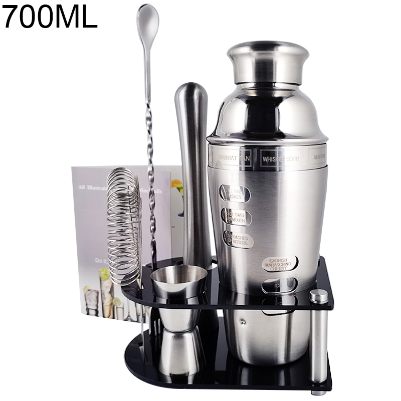 Stainless Steel Cocktail Shaker Set 550/750ml With 15/30ml Measuring Cup Jigger Kit Wine Spoon Strainer Muddler Bar Tools: 7P 700ML Stand