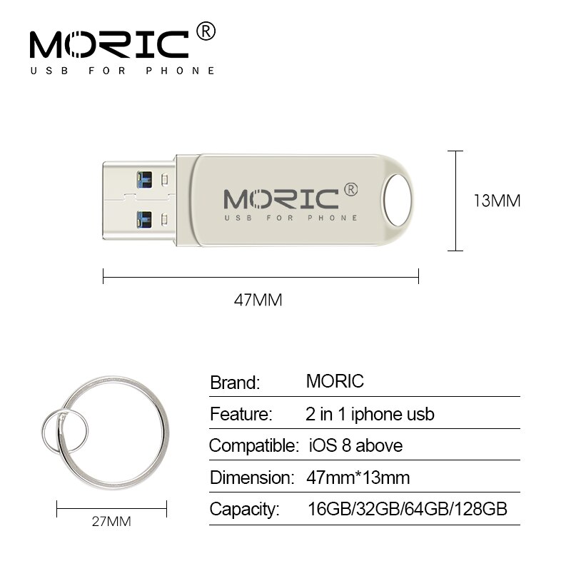Moric drive metalen usb-flashdrive 128gb otg-pendrive 32gb 64gb usb 3.0 flashdisk voor iphone/ipad/lightning/ios/usb-geheugen