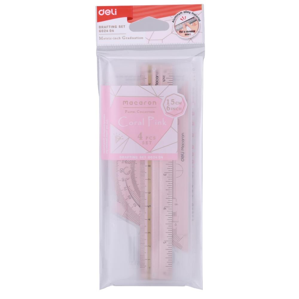 DELI EG02404 Ruler Set aluminum alloy 4pcs/set Drawing Measurement Geometry Triangle straightedge Protractor a variety of rulers: Pink