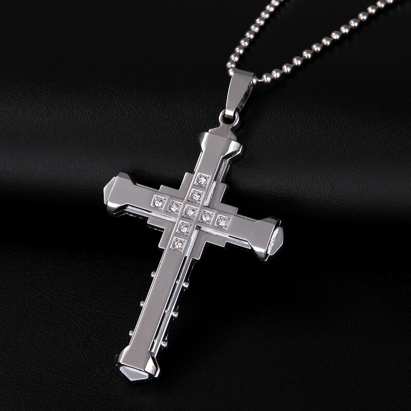 Cross Necklace For Men Jesus Crystal Cross Pendant Necklace Black Silver Color Stainless Steel Necklace Jewelry: Silver