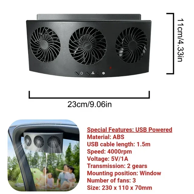 Bilventilator 3 køleblæsere soldrevet køleventil udstødning bærbar sikker bilventilator amd usb tilbehør: Rød