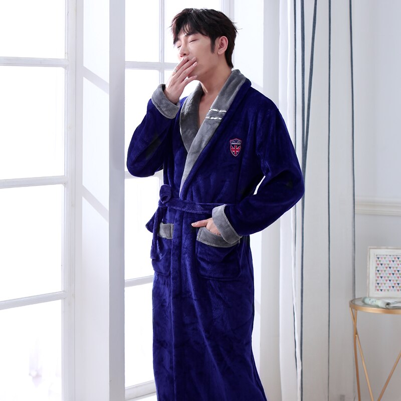 Myk vinter høst blå langermet stil uformelt stil hjemmekåpe badekåpe kimono mann klær langermet flanell: U 1402 / Xl