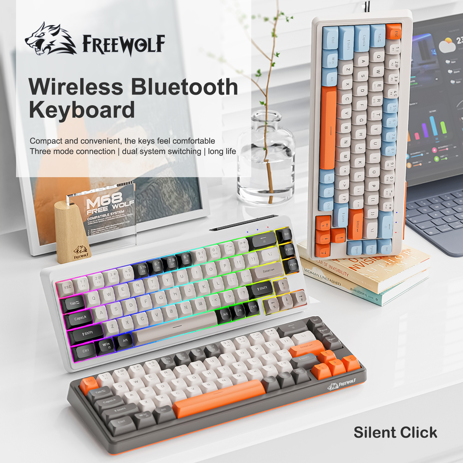 FREEWOLF M68 Mini Wireless Keyboard and Mouse Set, Silent, Tri-Mode Bluetooth, PBT, Backlight, Keyboard and Mouse Combo for Work