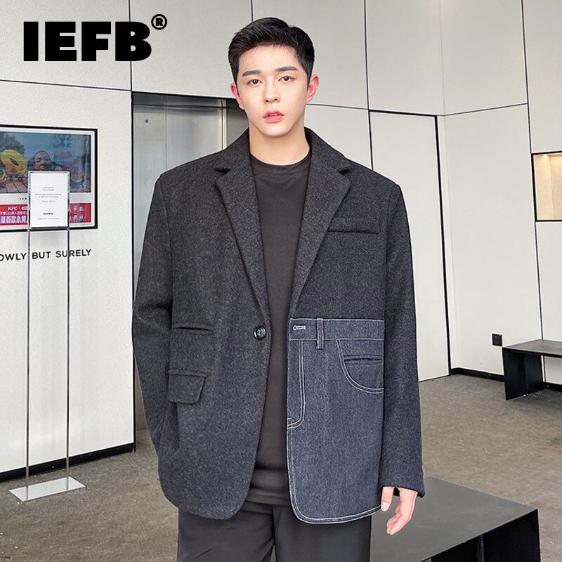 IEFB Menswear Chic Denim Spliced Woolen Blazers Loose Single Button Tweed Suit Jacket 2022 Spring Winter Clothing