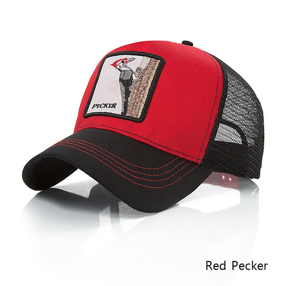 Personality Baseball Caps Animal Embroidery Pattern Hip Hop Hats Men Summer Breathable Mesh Streetwear Bone Unisex: Woodpecker red black