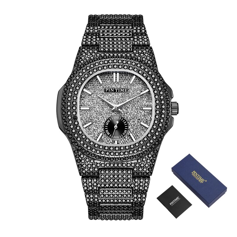 Fashon Iced Out Watch Men Diamond Hip Hop Mens Watches Top Brand Luxury Steel Gold Men Clock Montre Homme Reloj Hombre Relogio: Black-Box