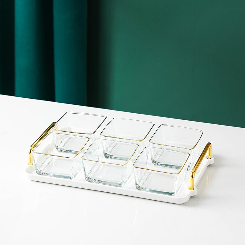 Plateau en verre doré, séparation des fruits secs, bol de séparation des aliments, plateaux décoratifs pour la maison, assaisonnement de cuisine, combinaison de vaisselle: white-6PCS