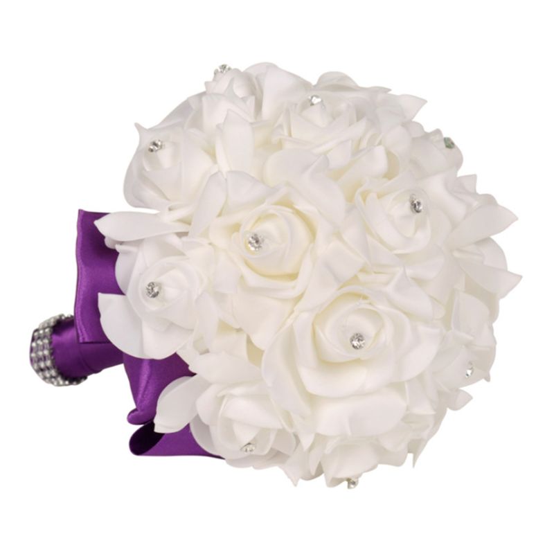 Korean Style Wedding Bridal Bouquet Artificial Flower PE Foam Roses With Faux Crystal Rhinestone Ribbons for Party Church Decor: Deep Purple