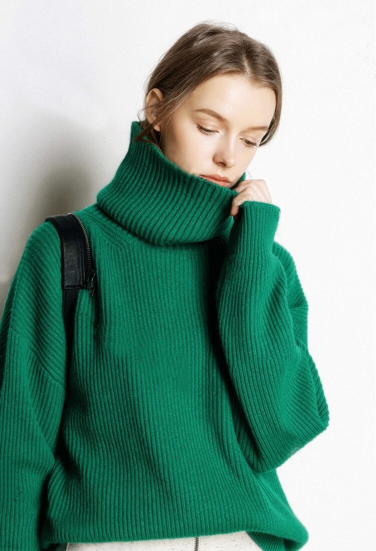 Pullover 100% Frauen Kaschmir und Wolle Stricken Jumper Frau Winter Rollkragen Warme Pullover Frau Strickwaren Top: green / XL