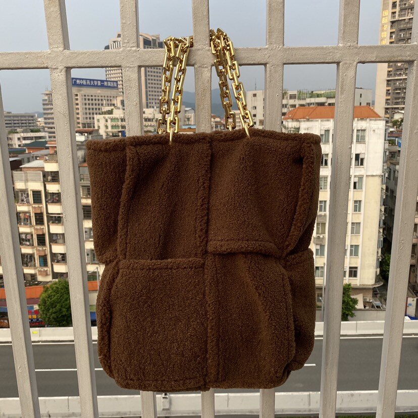 Sac à main en fausse fourrure pour femmes, sangle avec chaîne épaisse, couleur unie, sac à main pour voyage, HP002, hiver,: coffee