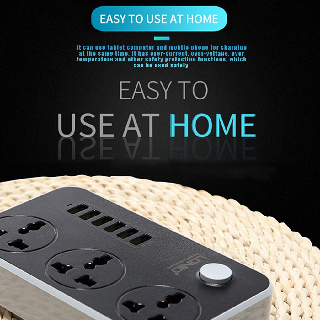 6 USB Universal Power Strip Desktop Extension Cord Socket For Home Office Phone 3-Pin US Plug
