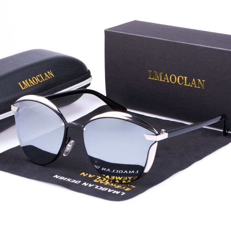 Lmaoclan kvinder polariserede solbriller luksus cat eye damer vintage mærke kvindelige solbriller oculos gafas: Sølv