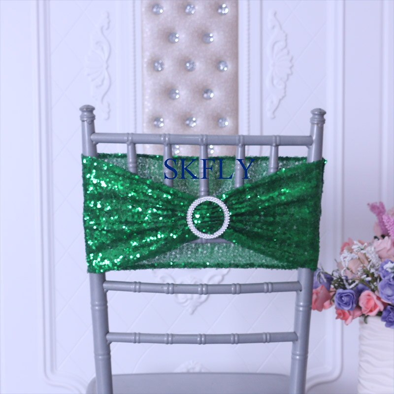 SH022E goedkope custom made vele kleuren bruiloft decoratie donkergroen pailletten stoel band stoel sash met gesp