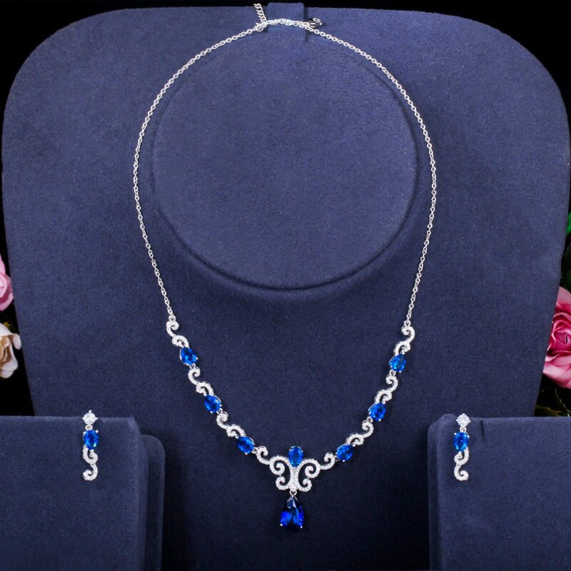 Pera Jahrgang Silber Farbe Zirkonia aufbringen Wasser Tropfen Frauen Hochzeit Halskette Ohrringe königlich Blau CZ Schmuck einstellen J352: Blau