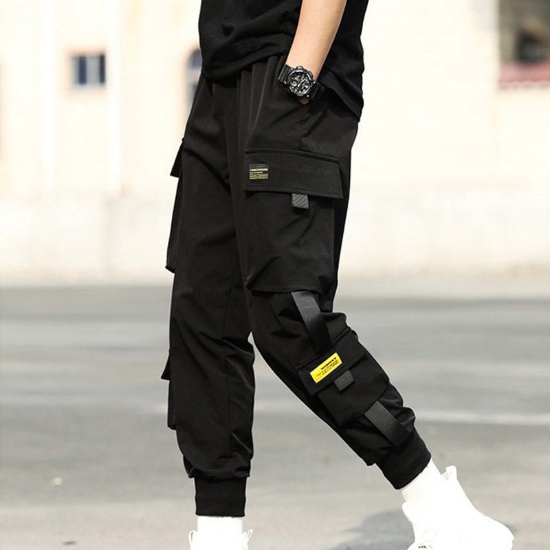 Casual Slim Jogger Broek Streetwear Hip Hop Zwarte Harembroek Unisex Elastische Taille Punk Broek Met Linten Mannen Hip Hop broek