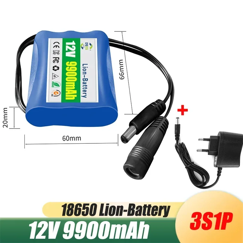 100% 3S1P Protection Plate12V 9.9Ah Battery Pack 12V 9900mAh 18650 Lithium ion DC 12.6V Super Rechargeable Battery + Charger