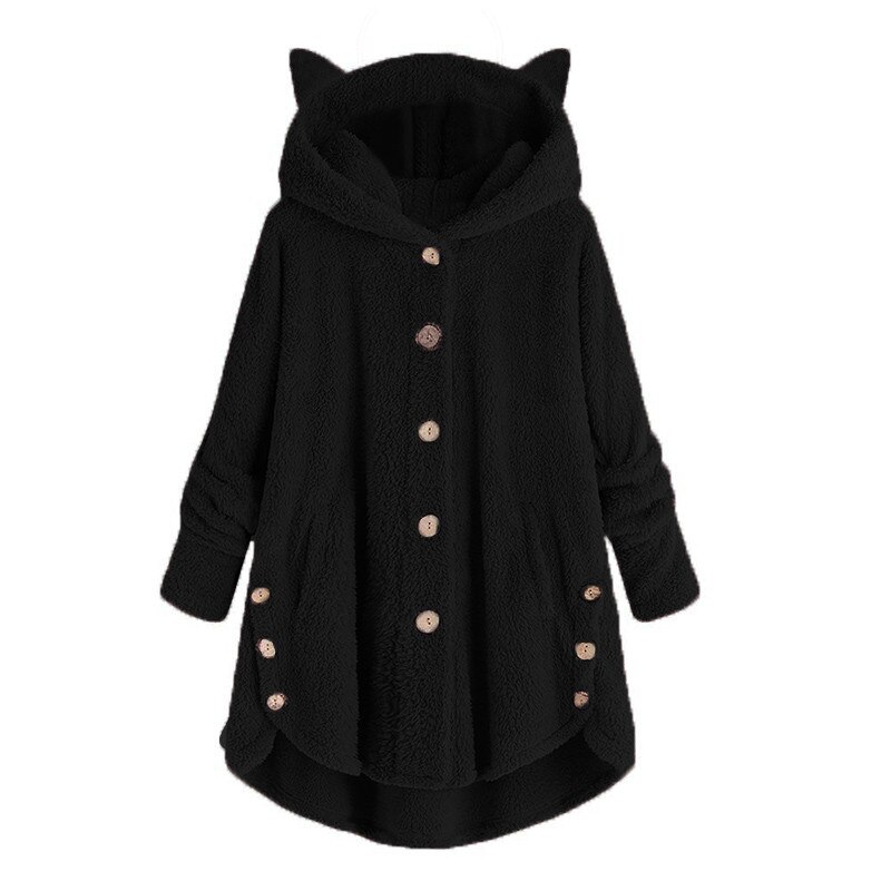 Wol Blend Vrouwen Knop Kat Oor Jas Pluizige Turn-down Kraag Uitloper Jacket Casual Tops Hooded Trui Losse trui #45: Zwart / S
