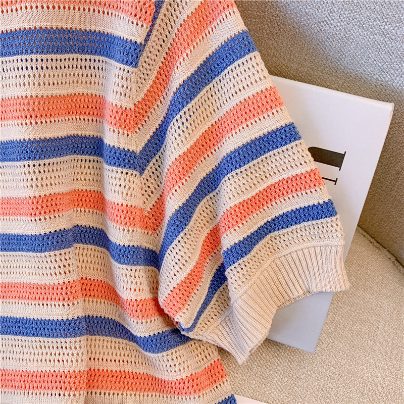 Sommartröja för kvinnor lös o-ringad randig kortärmad stickad pullover för kvinnor casual tröja för kvinnor kläder