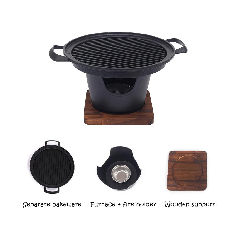Portable 7inch Mini D Yakiniku Grill with Wooden Trivet and Burner convenient store and carry for Outdoor Camping Hiking Barbecu
