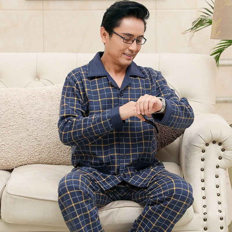 Efterår vinter strikket bomuld quiltet herre pyjamas plaid pyjamas sæt afslappet mandlig nattøj pyjamas nat pyjamas m -4xl hjemmetøj
