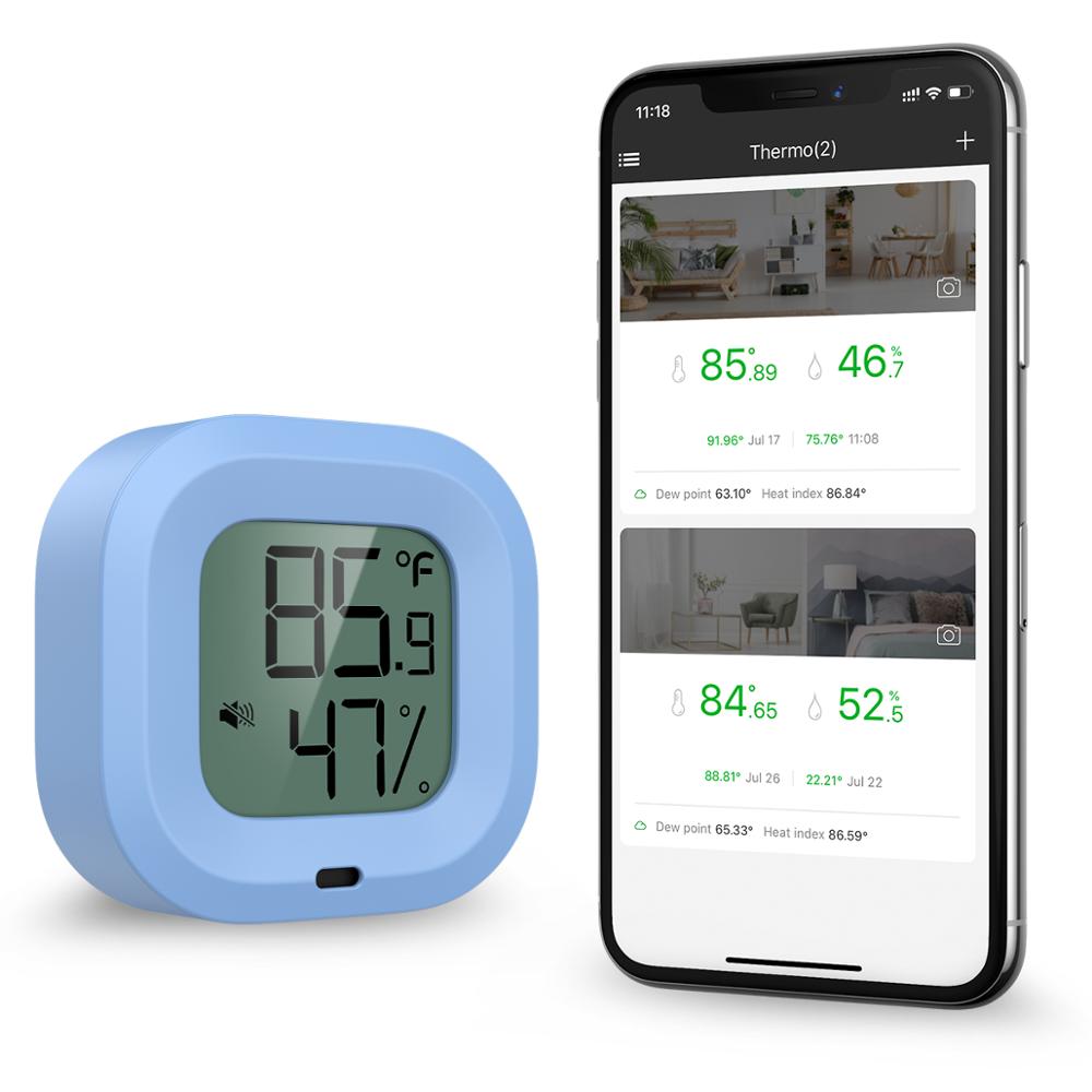 Oria trådløst termometer hygrometer mini bluetooth 5.0 fugtighedstemperaturføler alarm indbygget magnet til hus: Blå