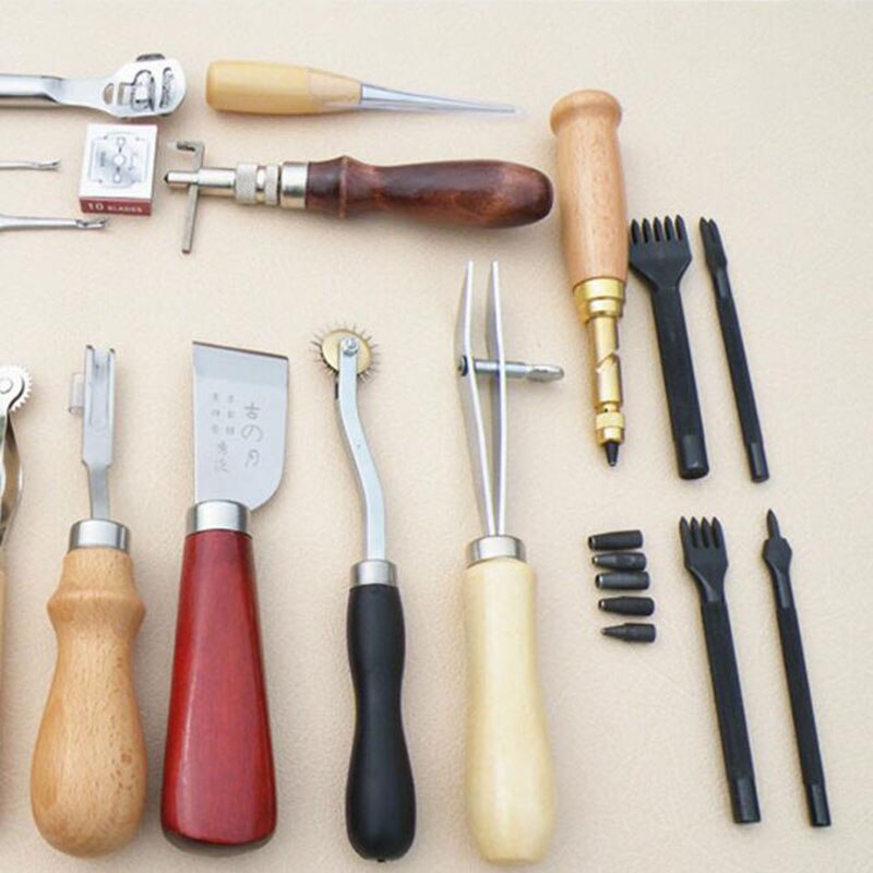 18Pcs Leather Craft Punch Tools Kit SET Stitching Carving Working Sewing Saddle Groover leather craft tools set
