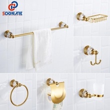 Luxury Gold Crystal Bathroom Accessories set 6pcs Bath Hardware Sets Wall-mounted Soap Holder,Towel Rail,Toilet Paper Holder