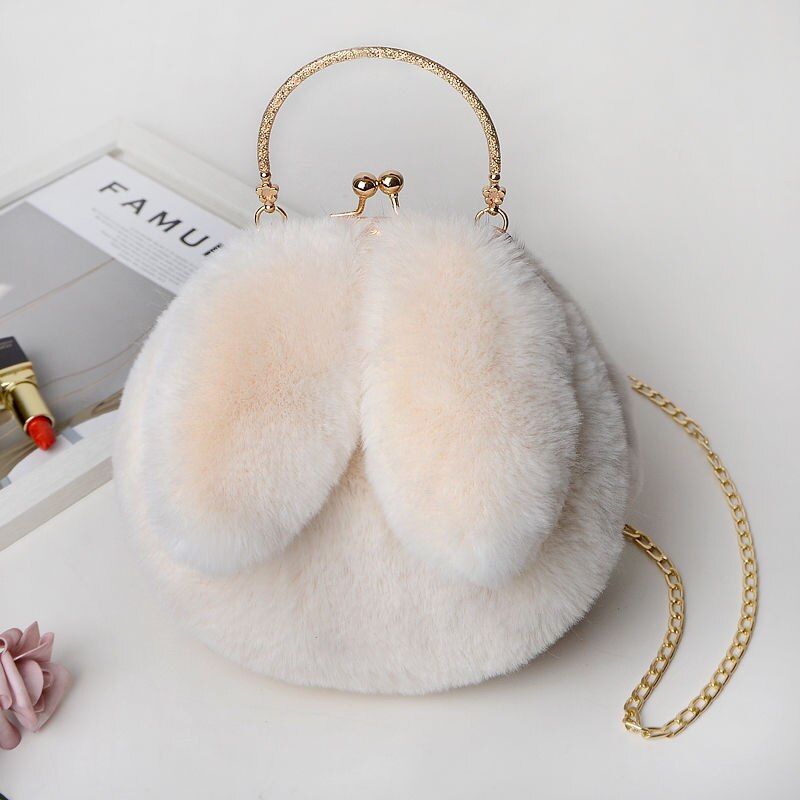 Faux Fur Rabbit Ears Plush Kawaii Round Bag Shoulder Crossbody Bags Women Chain Messenger bag Ladies Solid Furry Handbag: Beige