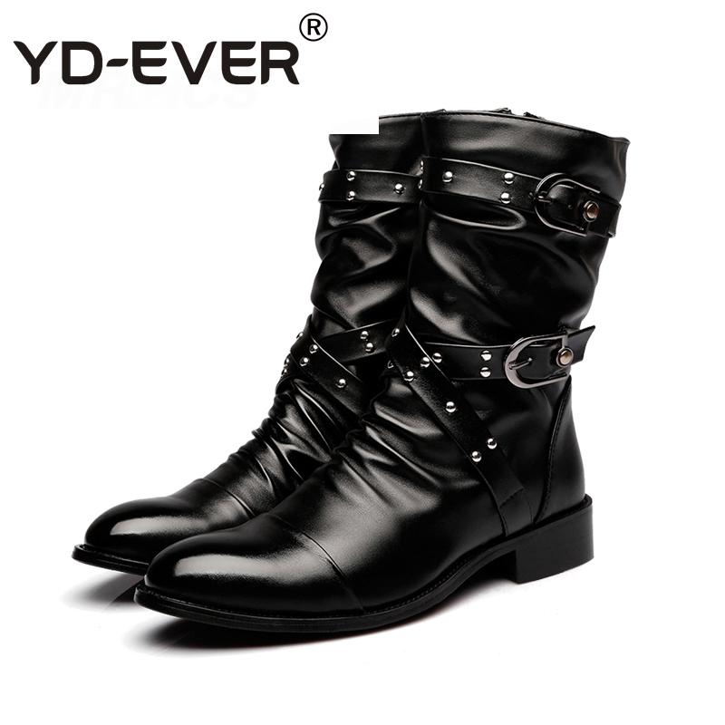 Botas de cuero con hebilla de cinturón para hombre, zapatos góticos con remaches de Metal, por debajo de la rodilla, para primavera y otoño, YD-EVER