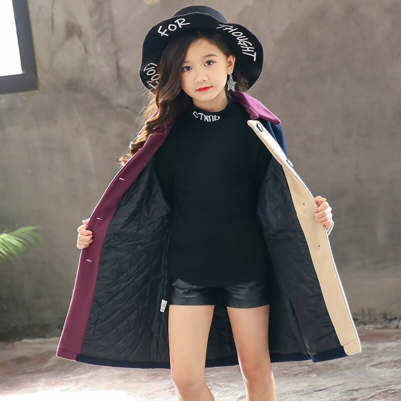 Ragazze Cappotto di Lana 2019 Autunno Inverno Dei Capretti Dei Vestiti Dei Bambini di Abbigliamento di Moda Patchwork di Spessore Caldo Outwear Ragazze Adolescenti Vestiti