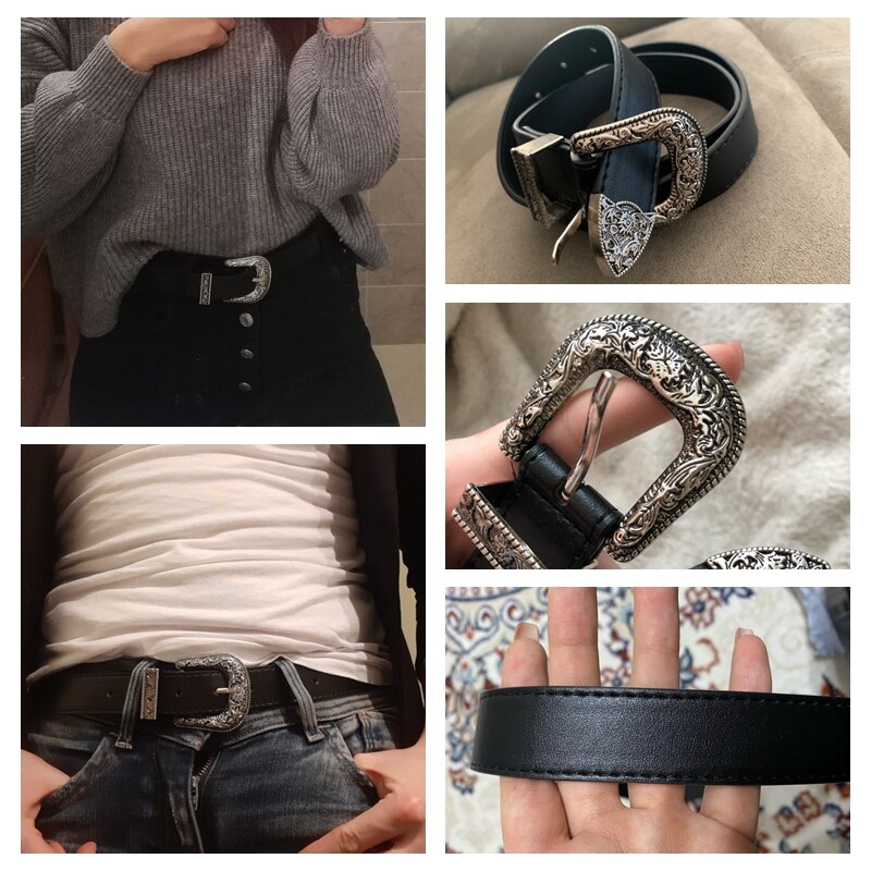 Svart lær kvinner belter vintage western cowgirl kvinnelig belte metall spenne midje belte brun hvit carve damer jeans bukser belter