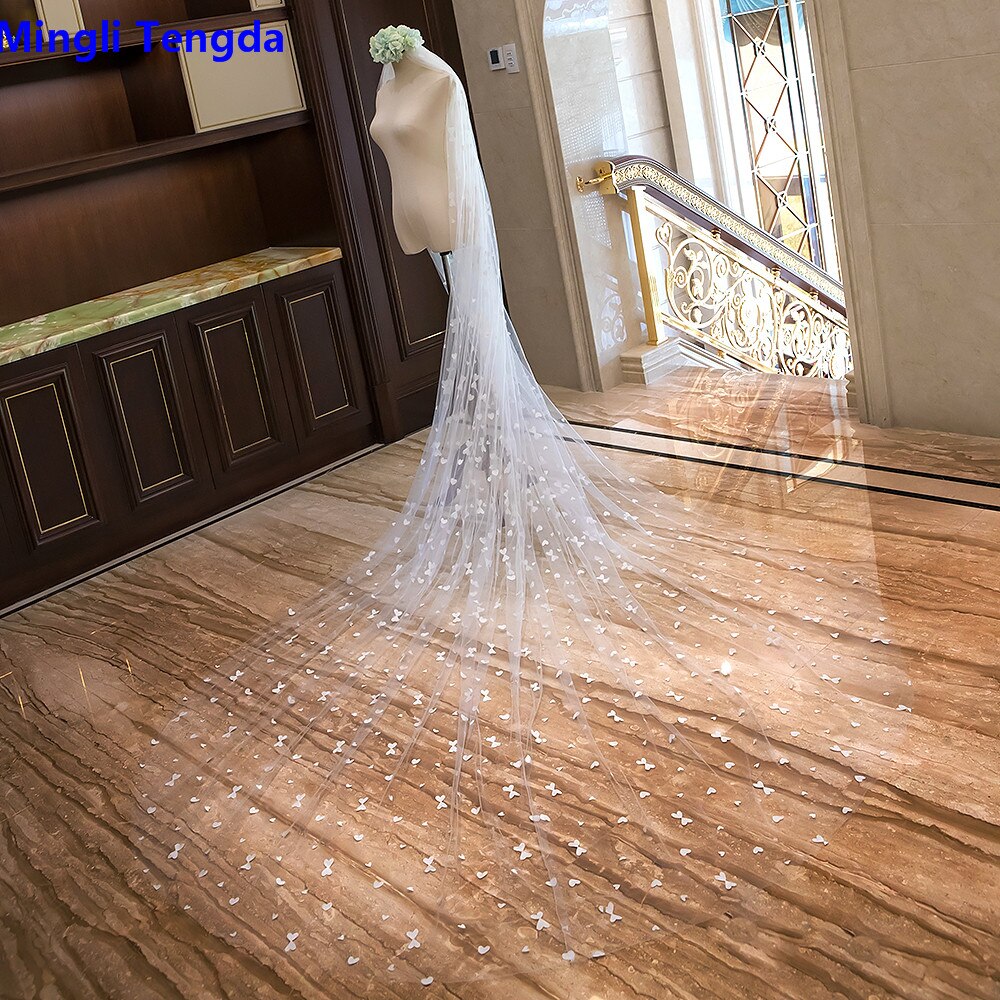 Mingli tengda vlinderkant luxe bruidssluier 4 m lange bruidssluier kathedraalsluier met com sluiers bruidsaccessoires velo