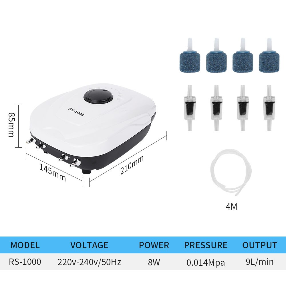 Ultra Silent Aquarium Air Pump Fish Tank Increasing Compressor Single Double High Energy Outlet Oxygen Pump Aquatic Accessories: RS-1000 A SET / EU Plug