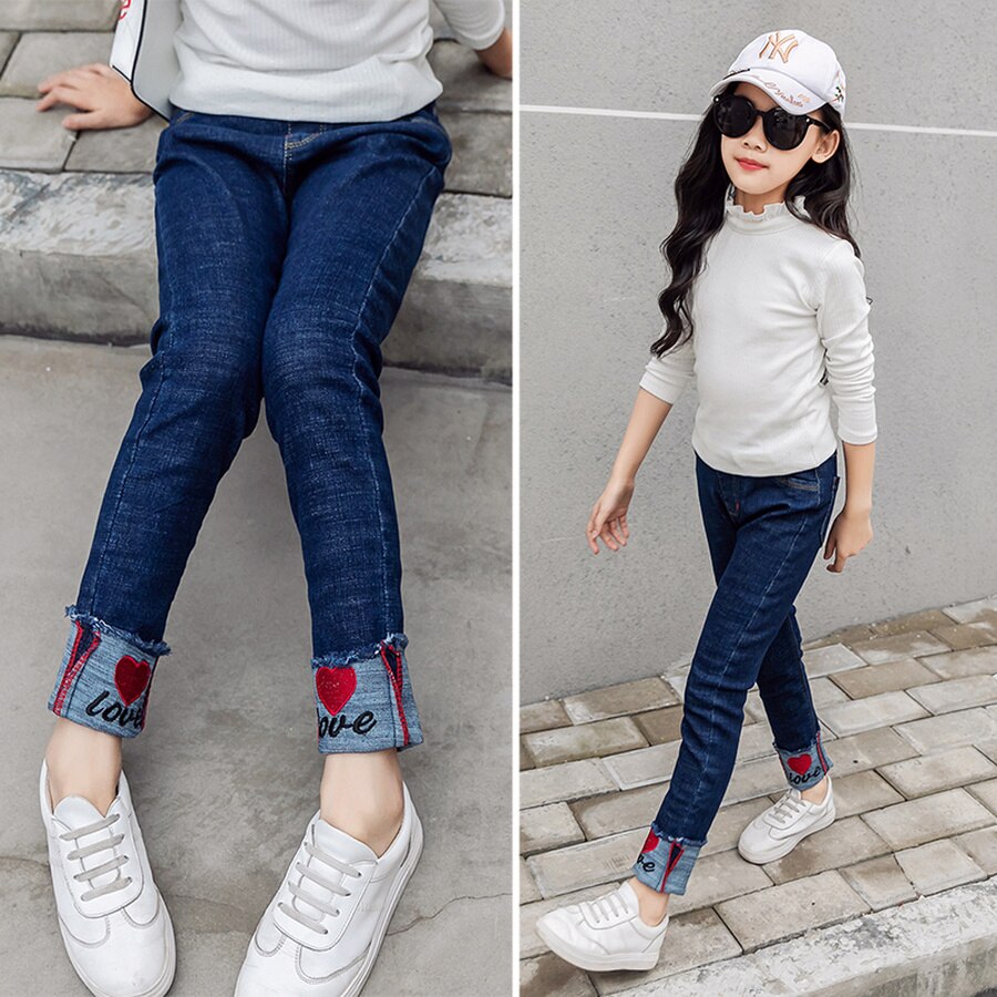 Teenager pige smarte jeans 6y-16y store piger casual denim bukser forår efterår teenager børn bogstav almindelige jean bukser 6 8 10 12 14 16