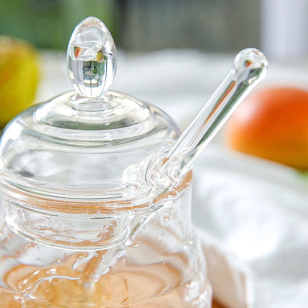 Honeycomb shape honey jar with spoon lid clear glass honey container glass bottle glass jar household kitchen supplies