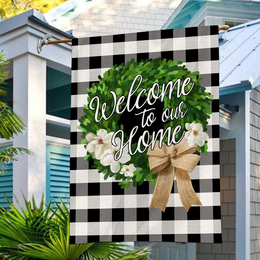 Bonsai Tree Welcome to Our Home Flags Double Sided, Boxwood Christmas Wreath Seasonal Burlap Garden Flags